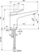 Wascharmatur von Ideal Standard mit einem klaren, funktionalen Design. Maße und Anschlüsse sind im technischen Diagramm dargestellt. Einfache Montage und Handhabung.